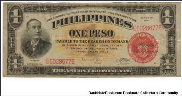 1941 1 Pesos VF(P- Treasury Certificate)
SN:E6028677E(Processed to simulate used currency) Banknote