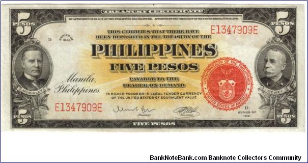 1941 5 Pesos AU (P- Treasury Certificate)
SN:E1347909E Banknote