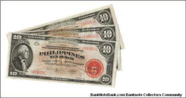 1941 10 Pesos AU/UNC (P- Treasury Certificate)
SN:E889909E, E889910E, E889911E(3 Sequential Naval Aviator Emergency Money) Banknote