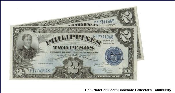 1944 2 Peso UNC (P- VICTORY Note)
SN:F17741948, F7741949 (2 Sequential Notes) Banknote
