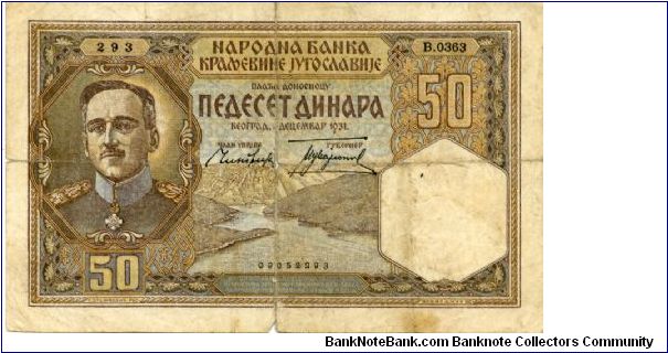 Kingdom of Yugoslavia

50 Dinara
Multi
King Alexander I, River and Hills
Equestrian statue
Wmk Alexander Peter II Banknote