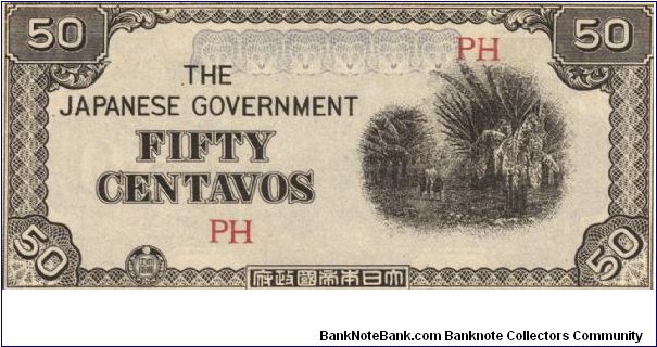 PI-105 Philippine 50 centavo note under Japan rule, block letters PH. Banknote