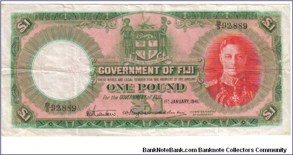1941 1 Pound  VF/XF (Fiji) Banknote