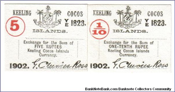 1902 1/10 Rupees & 5 Rupees UNC (Keeling Cocos) Banknote