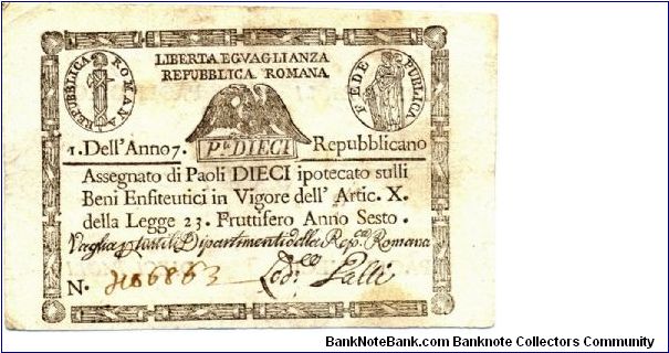 I Roman Republic (1798-1799) - 10 Paoli Banknote