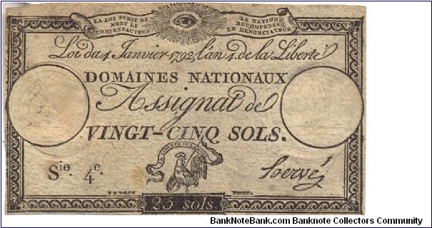 Assignat 25 Sols - 4 January 1792 Banknote