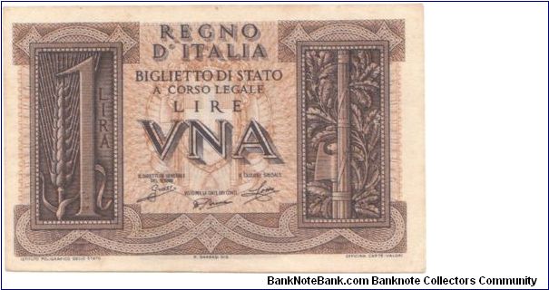 Kingdom of Italy - 1 Lira 14 November 1939 Banknote