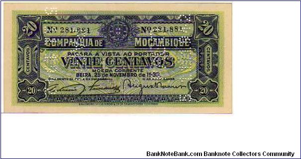 20 Centavos__

pk# R 29__

Regional Issues

Companhia de Mocambique__

Banco de Beira 
29-November-1933__

Perfored
*Pago
05-November-1942*
 Banknote