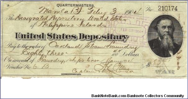 RARE United States Depository Check used in Manila  Philippines for doing laundry for ships linen. Banknote