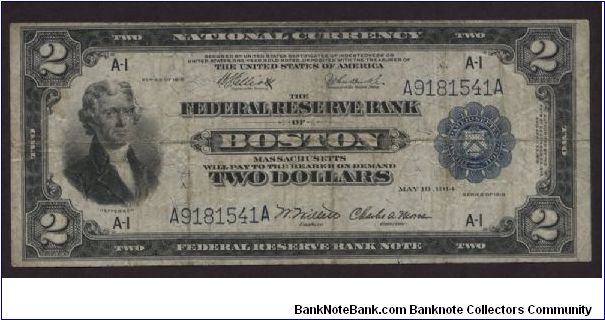 Finally!  A series 1918 $2 Federal Reserve Bank Note issued by the Boston Fed.  This note is popular based on the battleship design on the back, appropriate given the end of World War I. Banknote
