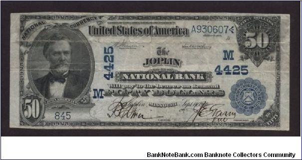 Series 1902 date back $50 National issued by the Joplin National Bank of Joplin, MO.  A nice note, the only distraction is a bit of tape residue on the back from an old mounting. Banknote