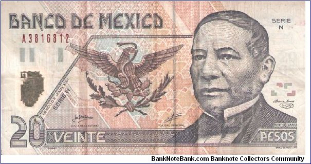 20 Pesos.  Polymer Note. 20 Pesos 
 
Dated 17 May 2001 actualy issue 30 September 2002
 
Jose Julian Sidaoui Dib (Large sig)
Raul Sierra Otero
 
President Benito Juarez, Coat of arms of Mexico
Statue of Juarez, stone archway and Lion
 
There are 5 different sig veriations  and many different series letter LOL from A to Z but no I or O they were thought to be to close in apperance to the value numerals.
Info thanks to De-Orc! Banknote