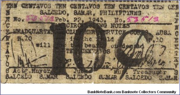 RARE Salcedo, Samar, Philippines 10 centavos note. Banknote