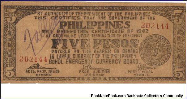 S-143b RARE Illegal Issue Bohol 5 Pesos note. Banknote