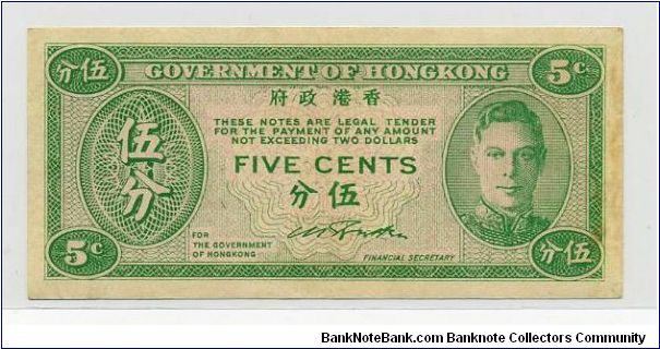 5 cents. Printed one side only Banknote