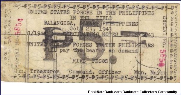 RARE Balangiga, Samar Philippines 5 Peso note. Banknote