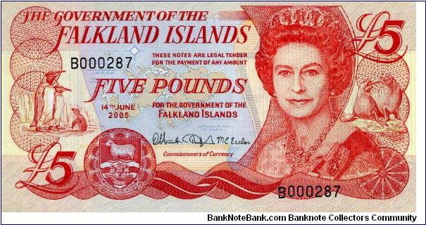 Queen and Penguins, map and sea lions on front;Governor's House and Christ Church Cathedral in Port Stanley on back Banknote