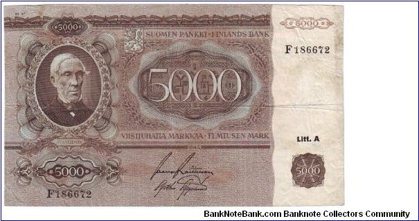 5000 Markkaa Serie F

Banknote size 203 X 120mm (inch 7,992 X 4,724)

Made of 10.000.000 pieces

This note is made of 1948 Banknote
