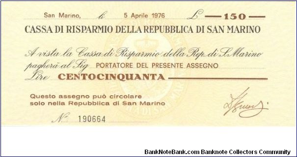 Small change issue in the form of a bearer cheque issued by San Marino Banknote