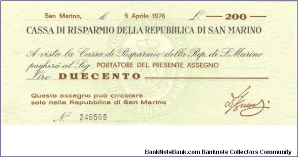 Small change issue in the form of a bearer cheque issued by San Marino Banknote