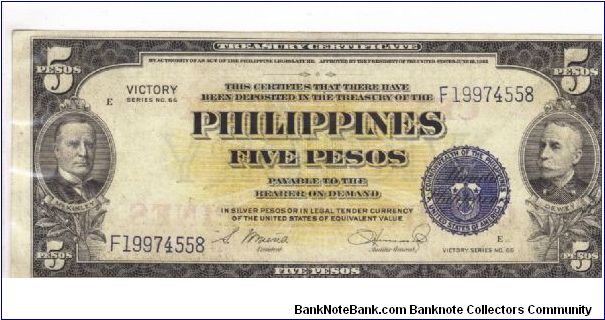 PI-119a RARE Philippine 5 Peso Treasury Certificat with thick lettering ovrprint Central Bank of the Philippines on reverse. Banknote