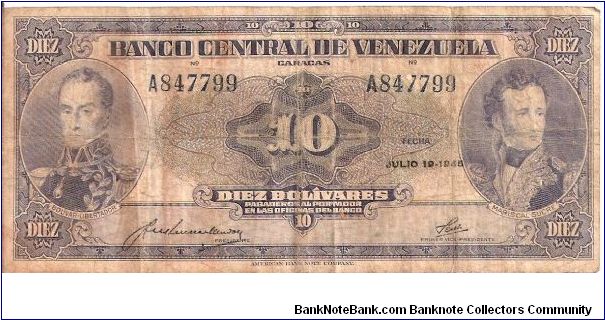 10 bolivares; July 19, 1945 Banknote