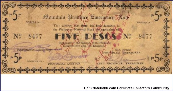 S-603 Mountain Province 5 Peso note with countersign signatures on reverse. Banknote