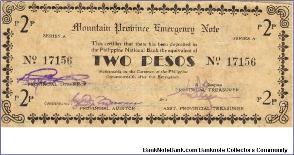 S-602 Mountain Province 2 Peso note with countersign signature on reverse. Banknote