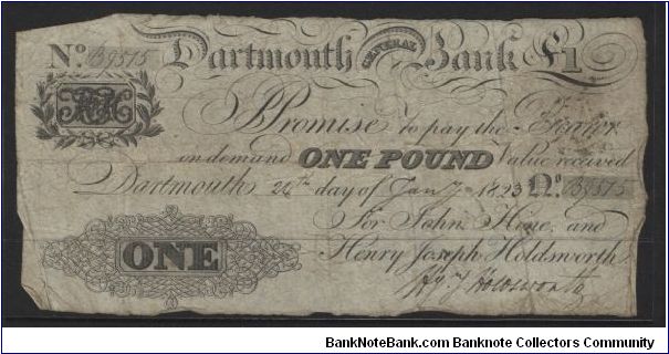 P-?
Dartmouth Bank 1823 England 1 pound.
Date 24 July 1823.
Signature, Holdsworth. VG.
pv? Banknote
