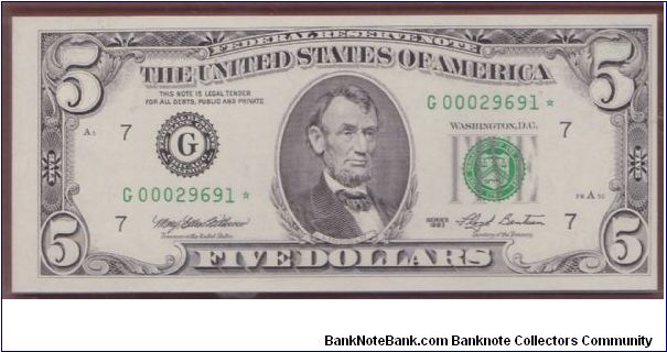 1993 $5 CHICAGO FRN **STAR NOTE**

MATCHING SERIALS

1995 $5 ATLANTA FRN **STAR NOTE**

#00029691 Banknote