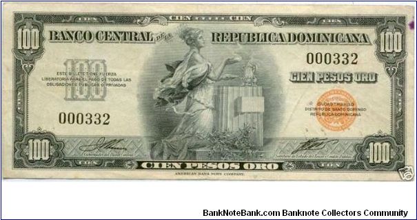 100 Pesos Banco Central ==> Emision: 1ra ==> Printer: ABNC ===> Signatures: Lic Jesús María Troncoso and Lic. Víctor Garrido ==> by: clubnumismatico.com Banknote