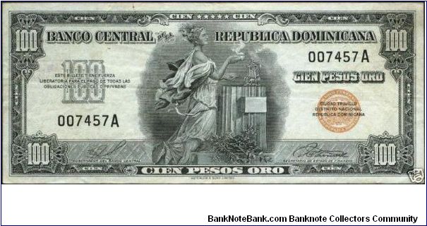 100 Pesos Banco Central ==> Emision: 1ra ==> Printer: WASL  ===> Signatures: Lic. Virgilio Álvarez Sánchez and Lic. José A. Turull Ricart  ==> Denominations: 1958 (1, 5, 10, 100) ==> by: clubnumismatico.com Banknote