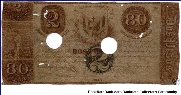 20  Pesos  ==> Issue:  1853  ==> Printer:     ===> Signatures:   ==> Note:  Dominican Republic 1853 20 pesos.  This Serie “E” note was printed in 1848 but it was not circulated until 1853 at which time it was rehabiliitated and revalued from 1 peso = 40 centavos to 20 pesos.  The rehabiliitated stamp is on the reverse. ==> by Clubnumismatico.com Banknote