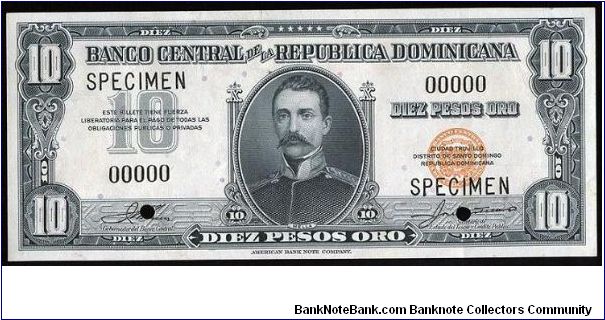 Specimen ==> 10 Pesos Banco Central ==> Emision: 1ra ==> Printer: ABNC  ==> Signatures: Lic Jesús María Troncoso and Lic. José A. Castellanos    ==> Denominations: 1952 (10, 20, 1, 5, 10) ==> by: clubnumismatico.com Banknote