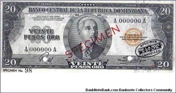 Specimen 20 Pesos Banco Central ==> Emision: 1ra ==> Printer: TDLR  ===> Signatures: Wenceslao Troncoso S. Lic. S. Salvador Ortiz  ==> Denominations: 1952 (10, 20, 1, 5, 10) ==> by: clubnumismatico.com Banknote