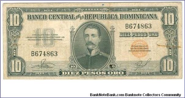 10 Pesos Banco Central ==> Emision: 1ra ==> Printer: ABNC  ===> Signatures: Lic. Arturo Despradel Lic. and Virgilio Álvarez Sánchez  ==> Denominations: 1957 (1, 5, 10, 20, 100, 1000) ==> by: clubnumismatico.com Banknote