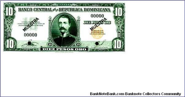 Specimen 10 Pesos Banco Central ==> Emision: 1ra ==> Printer: ABNC  ===> Signatures: Lic. Arturo Despradel Lic. and Virgilio Álvarez Sánchez  ==> Denominations: 1957 (1, 5, 10, 20, 100, 1000) ==> by: clubnumismatico.com Banknote
