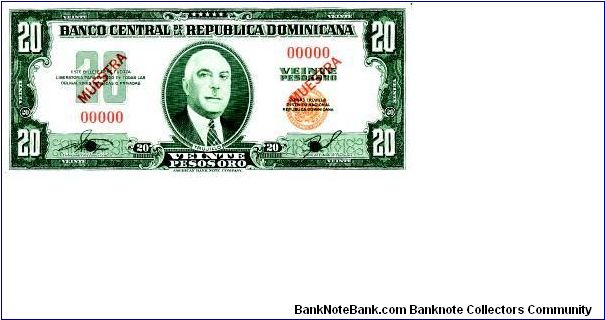 Specimen 20 Pesos Banco Central ==> Emision: 1ra ==> Printer: ABNC  ===> Signatures: Lic. Arturo Despradel Lic. and Virgilio Álvarez Sánchez  ==> Denominations: 1957 (1, 5, 10, 20, 100, 1000) ==> by: clubnumismatico.com Banknote