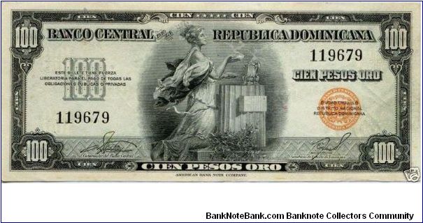 100 Pesos Banco Central ==> Emision: 1ra ==> Printer: ABNC  ===> Signatures: Lic. Arturo Despradel Lic. and Virgilio Álvarez Sánchez  ==> Denominations: 1957 (1, 5, 10, 20, 100, 1000) ==> by: clubnumismatico.com Banknote