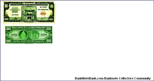 1000 Pesos Banco Central ==> Emision: 1ra ==> Printer: ABNC  ===> Signatures: Lic. Arturo Despradel Lic. and Virgilio Álvarez Sánchez  ==> Denominations: 1957 (1, 5, 10, 20, 100, 1000) ==> by: clubnumismatico.com Banknote
