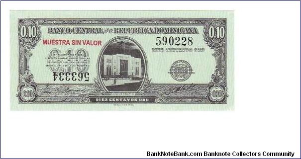 1961
10 Centavos Banco Central ==> Emision: Billetes Fraccionarios ==> Printer: BCRD  ==> Signatures: Lic. Manuel V. Ramos and Lic. José Manuel Machado   ==> Denominations: 1961 (0.10, 0.25, 0.50) ==> Note: “Emergency Currency”. Following the assassination of the Dictator Rafael Leonidas Trujillo and rumors  of the family sacking the Central Bank of its metallic reserves, the public began hoarding the circulating silver coinage.  By fall of 1961 the country was facing a severe shortage of fract Banknote