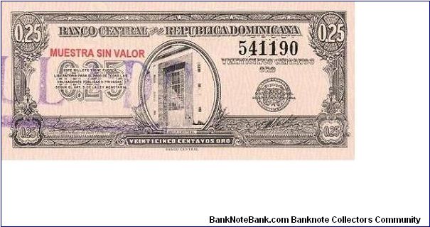 1961
25 Centavos Banco Central ==> Emision: Billetes Fraccionarios ==> Printer: BCRD  ==> Signatures: Lic. Manuel V. Ramos and Lic. José Manuel Machado   ==> Denominations: 1961 (0.10, 0.25, 0.50) ==> Note: “Emergency Currency”. Following the assassination of the Dictator Rafael Leonidas Trujillo and rumors  of the family sacking the Central Bank of its metallic reserves, the public began hoarding the circulating silver coinage.  By fall of 1961 the country was facing a severe shortage of fract Banknote