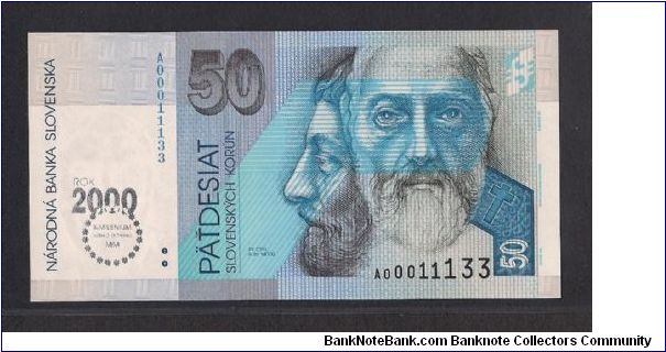 Millennium 
(Prefix A) 
Silver overprint & Total issued 168,750 .Fancy number 00011133.

Saints Cyril and Methodius, founder of Slavonic writing Banknote