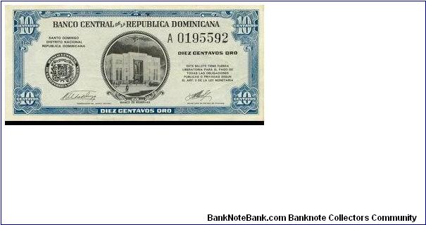 1962
10 Centavos Banco Central ==> Emision: 1ra ==> Printer: ABNC ==> Signatures: Lic. Silvestre Alba de Moya and Lic. José Manuel Machado    ==> Denominations: 1962 (0.10, 0.25, 0.50) ==> Note: “Emergency Currency”. Following the assassination of the Dictator Rafael Leonidas Trujillo and rumors  of the family sacking the Central Bank of its metallic reserves, the public began hoarding the circulating silver coinage.  As an emergency measure, the Monetary Board approved the printing of fraction Banknote