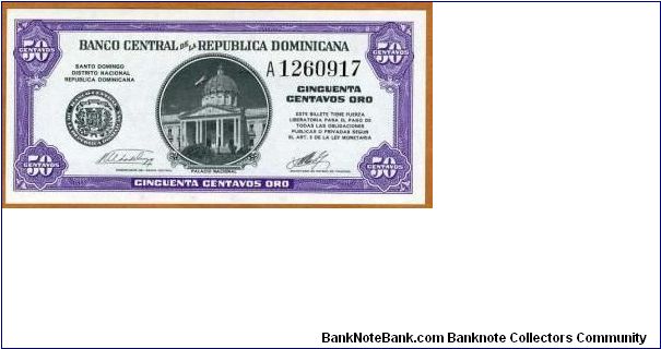 1962
50 Centavos Banco Central ==> Emision: 1ra ==> Printer: ABNC ==> Signatures: Lic. Silvestre Alba de Moya and Lic. José Manuel Machado    ==> Denominations: 1962 (0.10, 0.25, 0.50) ==> Note: “Emergency Currency”. Following the assassination of the Dictator Rafael Leonidas Trujillo and rumors  of the family sacking the Central Bank of its metallic reserves, the public began hoarding the circulating silver coinage.  As an emergency measure, the Monetary Board approved the printing of fraction Banknote