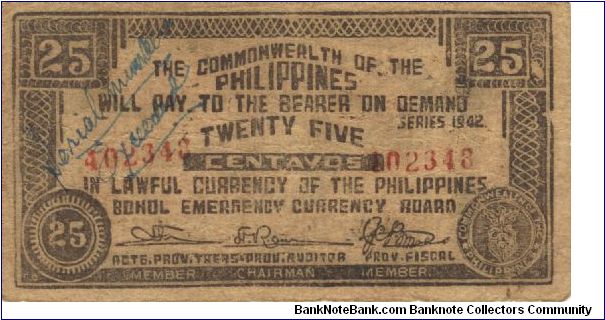 S-133 Unlisted Serial Number on Bohol 25 centavo note, higher than what book states. Banknote