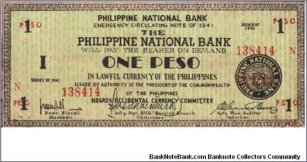 S-624a Negros Occidental 1 Peso note. Banknote