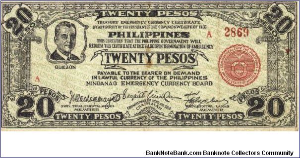 S-474 Mindanao Emergency Currency Board 20 Pesos note. Banknote