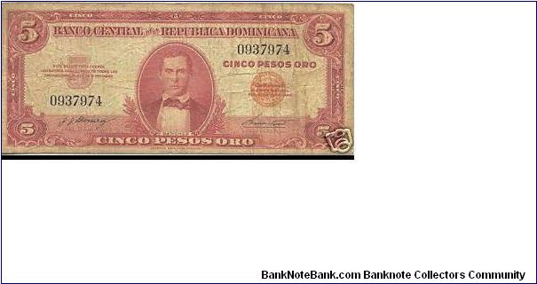 1962 ==> 5.00 Pesos Banco Central ==> Family: 2nd ==> Printer: ABNC ==> Signatures: Lic. José J. Gómez and Ing. Manuel E. Tavárez Espaillat ==> Denominations: 1962 (1, 5, 10, 20, 50, 100, 500, 1000) ==> Note: First post Trujillo emision. Also known as “El peso rojo” (the red peso) Dominincan non-dated (1962). First regular issue after the assasination of Rafael Leonidas Trujillo ending his thirty years of tyranny. ==> by: clubnumismatico.com Banknote