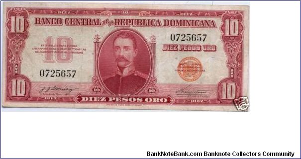 1962 ==> 10.00 Pesos Banco Central ==> Family: 2nd ==> Printer: ABNC ==> Signatures: Lic. José J. Gómez and Ing. Manuel E. Tavárez Espaillat ==> Denominations: 1962 (1, 5, 10, 20, 50, 100, 500, 1000) ==> Note: First post Trujillo emision. Also known as “El peso rojo” (the red peso) Dominincan non-dated (1962). First regular issue after the assasination of Rafael Leonidas Trujillo ending his thirty years of tyranny. ==> by: clubnumismatico.com Banknote